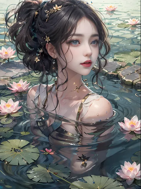 best qualtiy，8k，best quality，(the detail:1.4), there was a woman floating in a pond，this is a close-up illustration created in t...