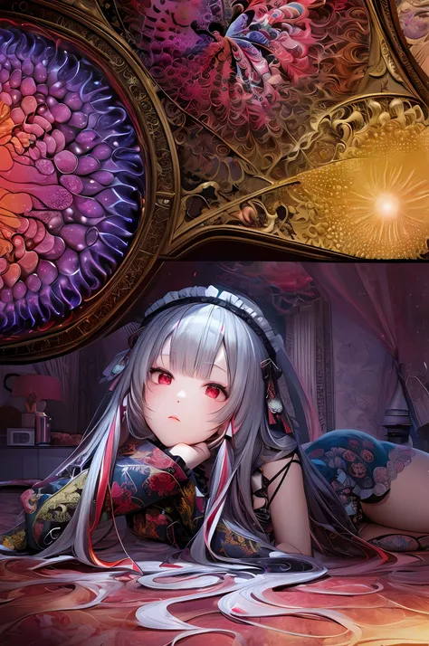 (masterpiece, top quality, best quality, official art, beautiful and aesthetic:1.2), (1girl), extreme detailed,(fractal art:1.3),colorful,highest detailed, Nakiri Ayame, Hololive, Bikini, Bedroom, Lying on Bed, cowboy shot, red eyes, white hair, medium bre...