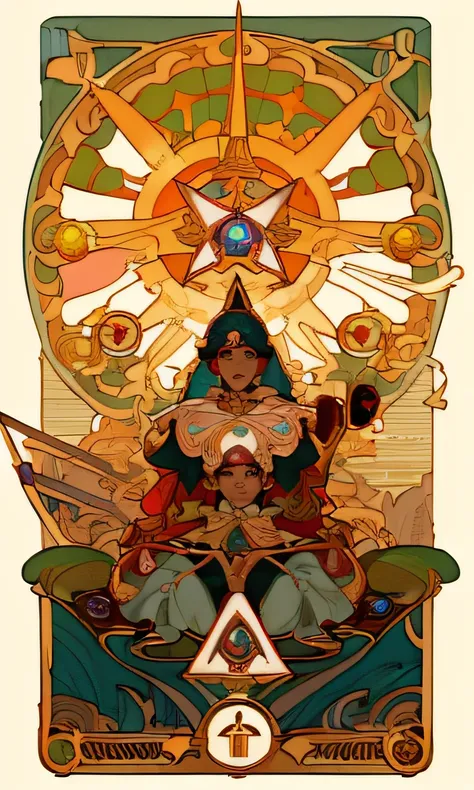 a picture of a poster with a woman sitting on a chair, zelda style art, anime art nouveau cosmic display, anime art nouveau, jc leyendecker and sachin teng, symmetry!! concept art, zelda with triforce, fantasy rpg symmetrical portrait, botw style, mucha st...
