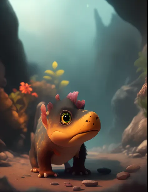 A cute Dizuki explores a cinematic portrait of a dark and mysterious cave,Full of colorful crystal beauty, Cute , 2K, Detailed , Digital art, Uptrend, Disney , by Pixar