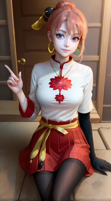 (masterpiece, best quality, beautiful, aesthetic, perfect, intricate, delicate, ultra detailed:1.2), vivid colors, colorful, bloom, kagura from gintama, happy, smile, looking at viewer, 1girl, solo, purple eyes, long hair, white earrings, red hairband, sta...