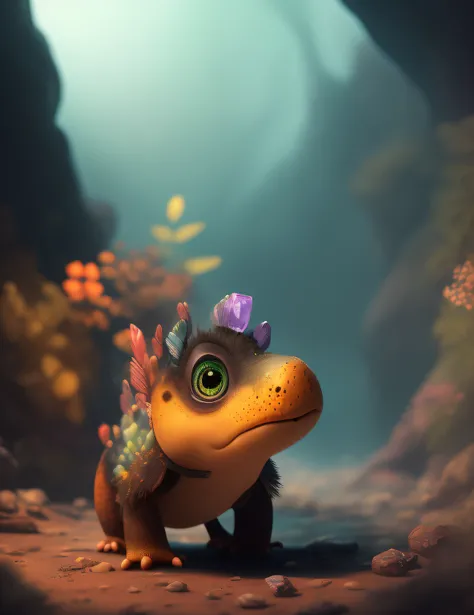 Movie portrait of lovely Dizuki exploring a dark and mysterious cave,Full of colorful crystal beauty, Cute , 2K, Detailed , Digital art, Uptrend, Disney , by Pixar