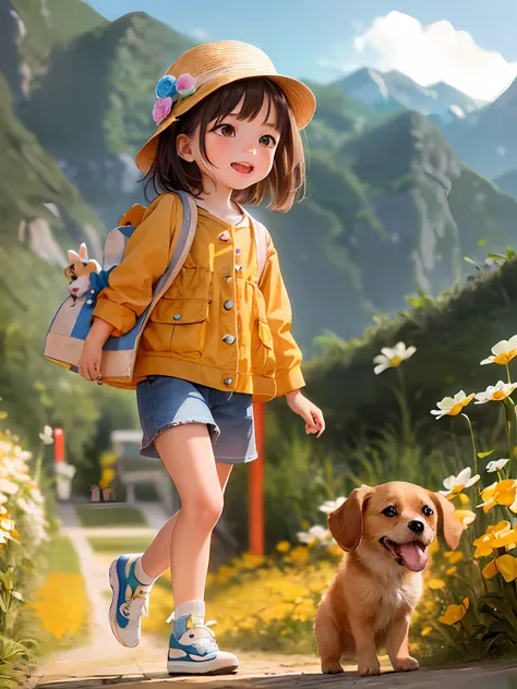 with Cartoon style,Detailed facial features, 4K HD resolution illustration。A cute little girl with a bag and her puppy,Surrounded by beautiful yellow flowers and nature, enjoy the beauty of spring。