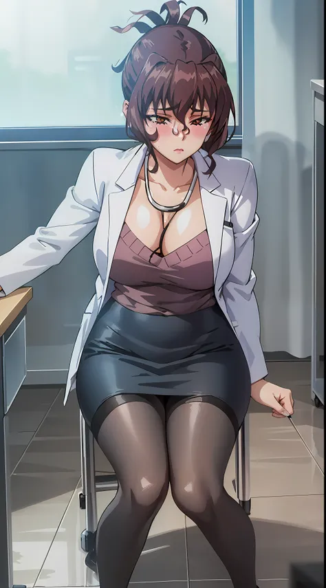 (beautiful hand:1.2), (masterpiece, best quality:1.3), Aiko Katsuragi, mature female, (full body shot:1.05), milf, (curvy:0.9), 1girl, anime face, sitting on chair, doctor, labcoat, stethoscope, short pencil skirt, (thighhighs:1.05), highheels, makeup, lar...