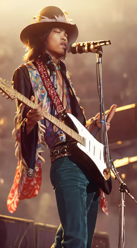 top-quality。8K-Picture。超A high resolution。foco nítido。Japan male guitarist。Long and wavy hairstyles。Also wear a feathered hat。Slender body, however、Feel the power。The guitar has a mustang、Decide to arm yourself brilliantly。He is also a singer and vocalist....
