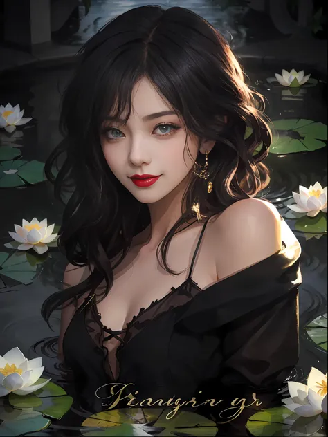 best qualtiy,8K,Best quality,(the detail:1.4), There was a woman floating in a pond,This is a close-up illustration created in the Guvez style,Depicting people in the water。The character has a black wavy hairstyle and bangs,It was a beautiful young woman。H...