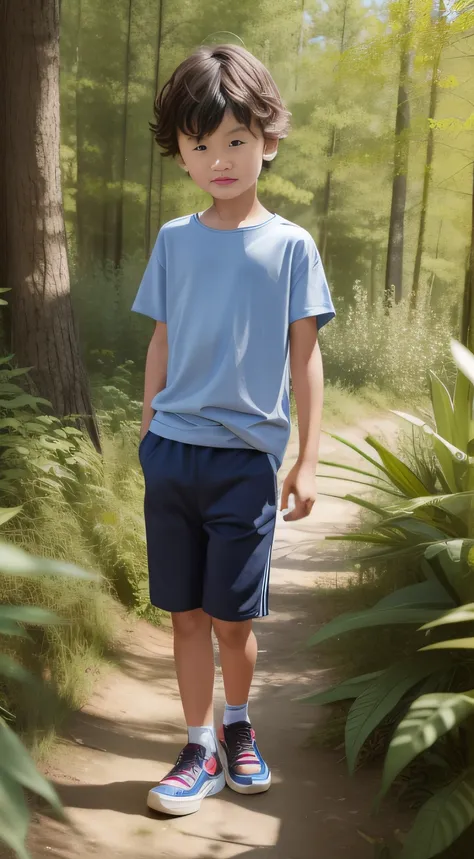 the alafard boy stands on a path in the woods with a skateboard, in shorts and t-shirt, mid shot portrait, boy shorts, portait i...