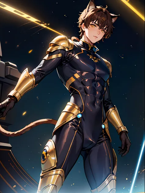 ((young male)), brown hair, yellow eyes, cat ears, cat tail, ((blue bodysuit)), light armor, [skinny:muscular:0.7], science fict...