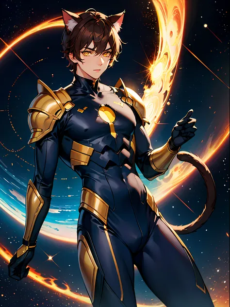 ((young male)), brown hair, yellow eyes, cat ears, cat tail, ((blue bodysuit)), light armor, [skinny:muscular:0.7], science fict...