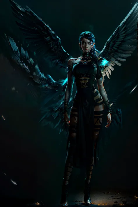 (a woman with wings on her body and a black dress), (hand well), (finger well), (long braided hair), (bangs), funky pose, with in frame, ultra-detailed, 8k, masterpiece, (volumetric lighting), beautiful detailed eyes, (ambient light), realistic shadows, (f...