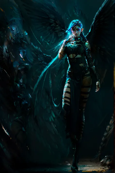 (a woman with wings on her body and a black dress), (hand well), (finger well), (long braided hair), (bangs), funky pose, with in frame, ultra-detailed, 8k, masterpiece, (volumetric lighting), beautiful detailed eyes, (ambient light), realistic shadows, (f...