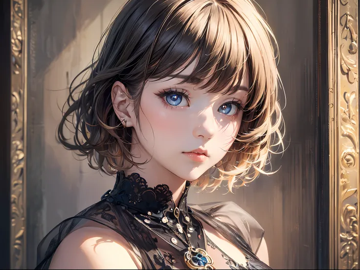 1girl in, (((shorth hair))), jugendstil,(masterpiece, top-quality, Near and far law, depth of fields:1.5), beautiful countenance, 8k, Raw foto, HDR, Photorealsitic, film grains, chromatic abberation, hight resolution, ultra-detailliert, finely detail, 动态照...