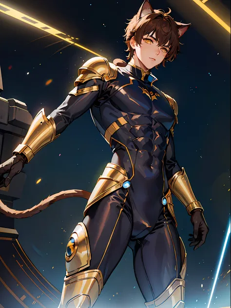 ((young male)), brown hair, yellow eyes, cat ears, cat tail, ((blue bodysuit)), light armor, [skinny:muscular:0.7], science fict...