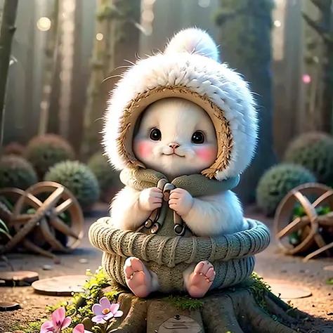holding camera, tree_stump, flowers, adorable , fluffy, photorealistic, soft lighting,
