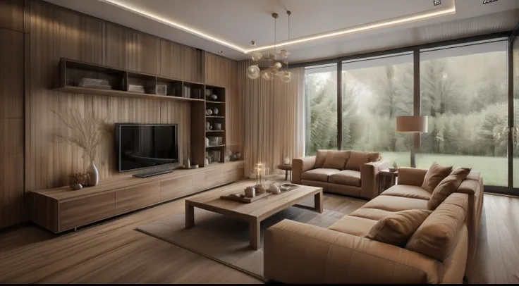 (( masterpiece)) (( ultral realistic)) (( sharp forcus)) (( high detail)) livingroom in minimalist style , wallpaper decor, wood...