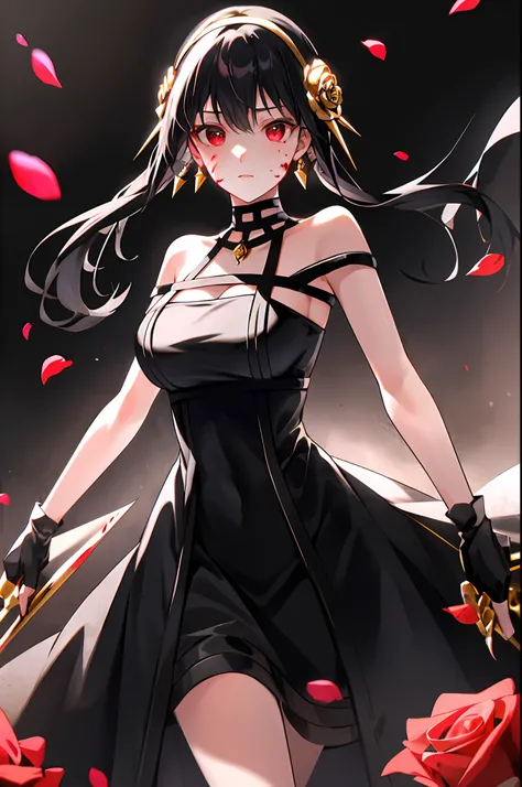 yor briar,
1girl, backlighting, bare shoulders, black background, black dress, black gloves, black hair, blood, blood on face, blood on weapon, breasts, closed mouth, cowboy shot, dress, earrings, expressionless, fingerless gloves, floating hair, floral p...