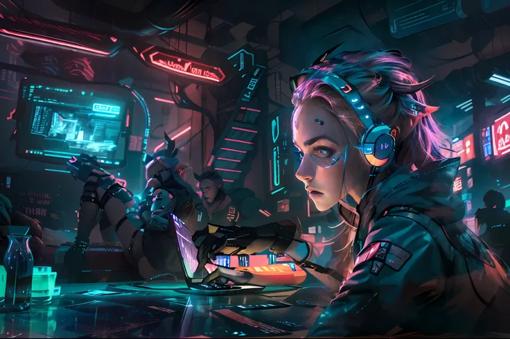 an artistic representation of a young girl, an expert in cybersecurity and hacking, sitting in a café with a laptop. the art sty...