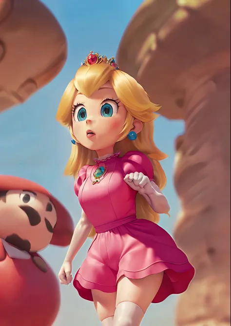 3D render, pixar style, Princess_Peach (wearing nothing except dungarees), wearing red mario_hat, sideboob, topless, large breasts, looking down, thick thighs, THICK, cameltoe, skin indentation, skindentation, ass focus, SEEN FROM BELOW, wet skin, 1girl, ...