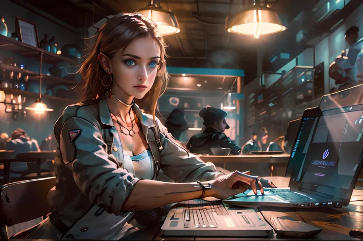 a photorealistic depiction of a young girl, an expert in cybersecurity and hacking, sitting in a café with a laptop. the girl sh...