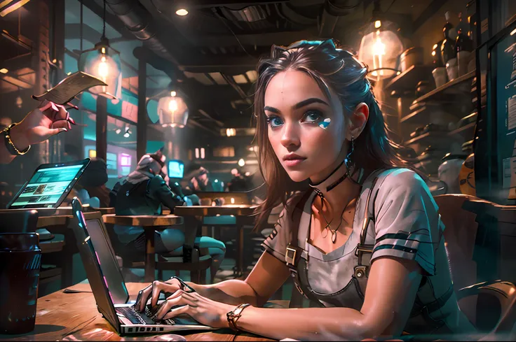 a photorealistic depiction of a young girl, an expert in cybersecurity and hacking, sitting in a café with a laptop. the girl sh...