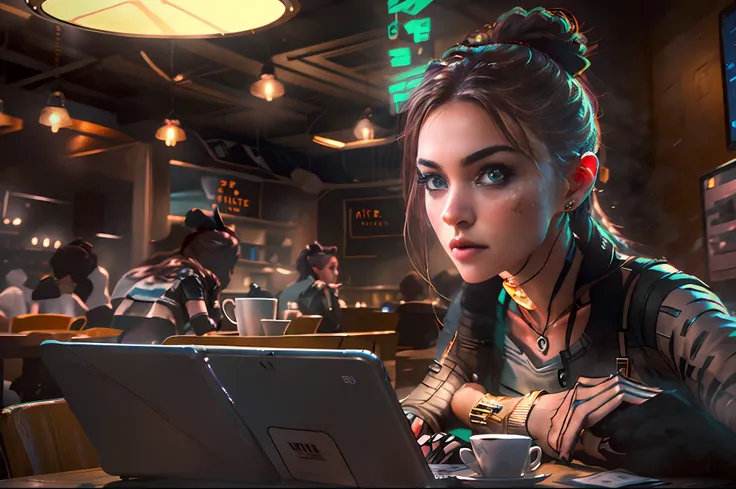 a photorealistic depiction of a young girl, an expert in cybersecurity and hacking, sitting in a café with a laptop. the girl sh...