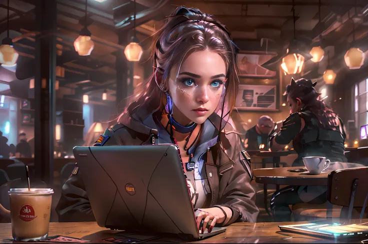 a photorealistic depiction of a young girl, an expert in cybersecurity and hacking, sitting in a café with a laptop. the girl sh...