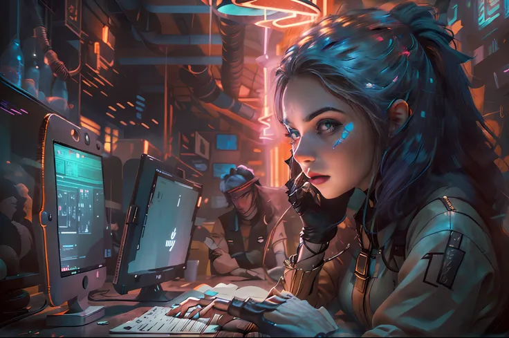 a captivating and artistic representation of a young girl who is an expert in cybersecurity and hacking, sitting in a café with ...