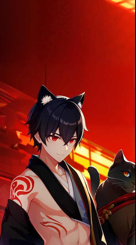 Young guy, short black hair, Cats ears, red eyes, combat kimono, open torso, Tatoo, Burns, ssmile, Masterpiece, hiquality