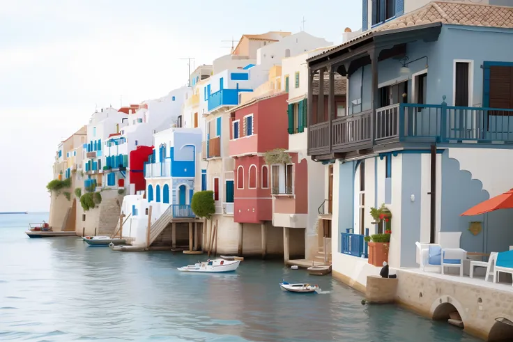 there are many people sitting at tables by the water, waterfront house, mediterranean fisherman's village, greece, whitewashed b...