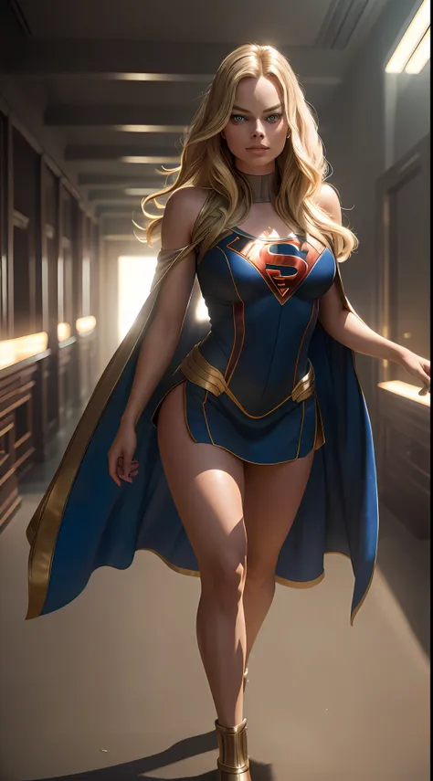 margot robbie as supergirl, full body, soft lighting, dynamic angle, realistic lighting, (natural skin texture, hyper-realism, s...