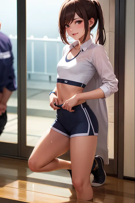 A girl, kneeling on the playground after school, (full body visible)), away from the audience.
She is a beautiful, pretty, cute, cute, young, teenager.
She is slim, slender, petite, thin, (flat-chested), (small boobs), (small breasts).
She was sweaty, wet,...