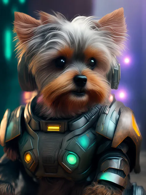 A Yorkshire Terrier (robot) dog as the doomslayer, realistic scifi cyberpunk power armor robot, closeup portrait