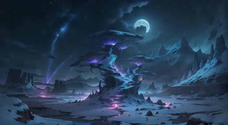 Expansive landscape photography, (See below.), Above is the sky, Below is an open field), (Full Moon: 1.2), (Meteor: 0.9), (Nebula: 1.3), distant mountain, BREAK tree making art, (Warm light source: 1.2), (Firefly: 1.2), lights, Very purple and orange, com...