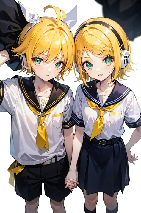 best quality, ultra precision, one boy and one girl, (a boy is kagamine_len),  (a girl is kagamine_rin), green eyes, cute, short...