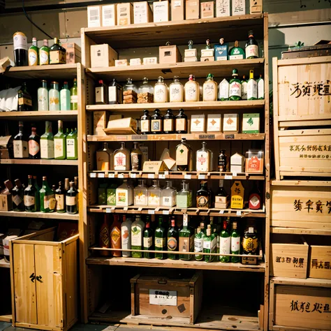 there are many bottles of wine on the shelves of the store, large jars on shelves, lots of jars and boxes of herbs, wooden boxes...