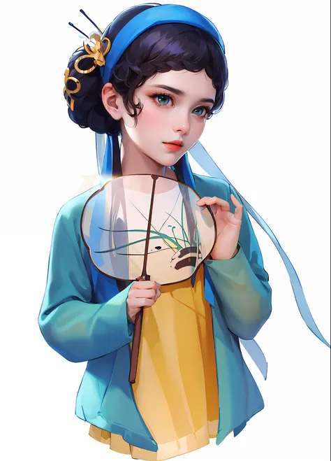 (masterpiece:1.2, best quality), (1lady, solo, upper body:1.2), sideface，cartoon girl，hanfu skirt，green snake，look into the came...