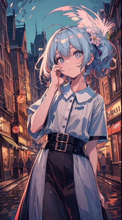 (gradient hair, dutch angle:1.3), film grain, chromatic aberration, city centre, masterpiece, best quality, raw photo, photorealistic, absurdres, 1girl, cute, perspective, cowboy shot, highres, ultra detailed, finely detail, detailed eyes and face, sharp p...