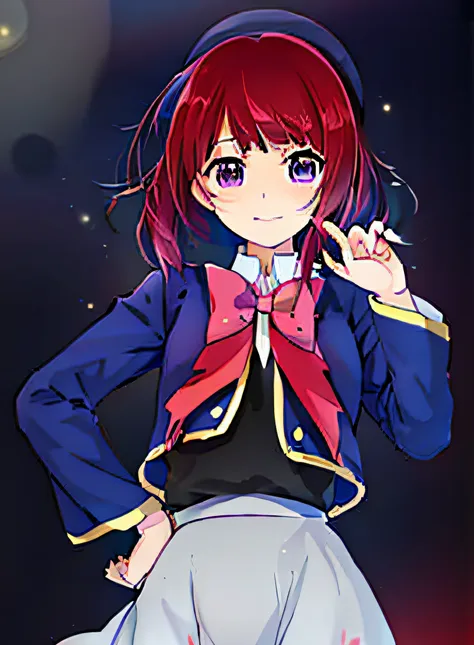 anime girl posing for photo with red hair and blue jacket, anime moe art style, anime visual of a cute girl, portrait gapmoe yan...