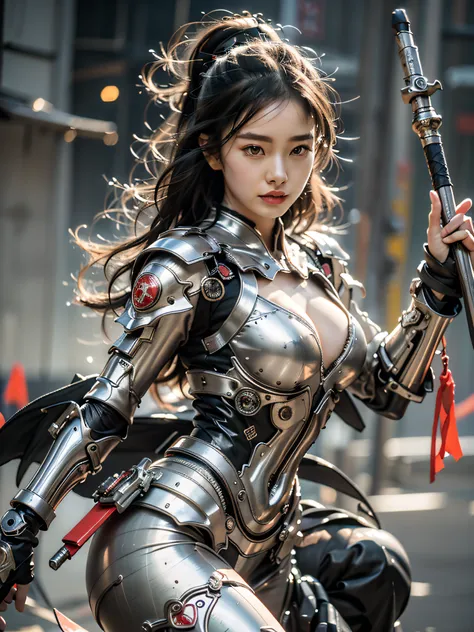 Best quality at best,tmasterpiece,超高分辨率,(真实感:1.4),Fang Tian drew a halberd,Detailed details,1girll,Combat posture,cleavage,a beauty girl,Hand-held weapons,mechs,A mechanical,ellegance,Clear focus,gentlesoftlighting,vivd colour,tmasterpiece,