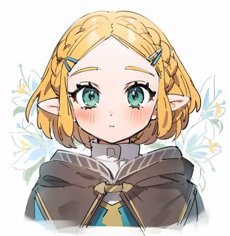 Zelda hand-drawn cute short hair standing all over blonde green eyes Kingdom tear styling High detail, Ultra HD smile parted lips