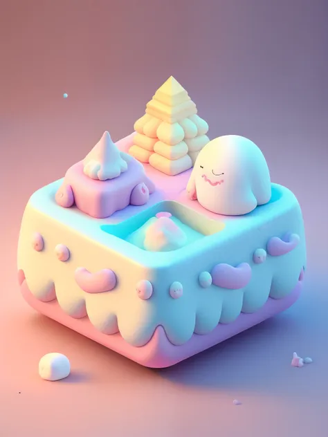 microcosm， isometric view of cute kawaii keyboard， marshmallow castle，（pink big breasts， white colors， amarelo， purpleish color）...