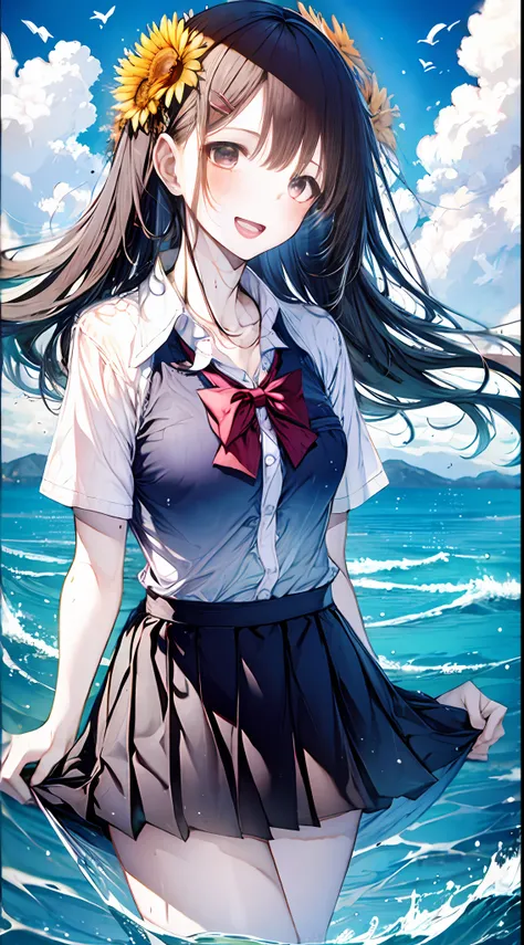 1girl, :d, air_bubble, arm_up, bangs, bare_legs, barefoot, beach, blue_skirt, blue_sky, blush, boat, bow, bowtie, breast_pocket, breasts, brown_eyes, brown_hair, bubble, caustics, cloud, cloudy_sky, collarbone, collared_shirt, day, dress_shirt, earth_(plan...