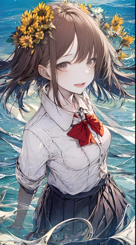 1girll， :d， air_bubble， arm_up， By bangs， bare_legs， The barefoot， sea beach， blue_skirt， blue_sky， Be red in the face， das boot， Bow knot， neck bowtie， breast_pocket， nedium breasts， brown_eyes， brown_hair， foamy， Caustics， Clouds， cloudy_sky， 鎖骨， collare...
