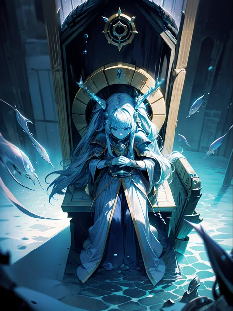 the highest image quality、​masterpiece、超a high resolution、inside the underwater temple、((empty throne:1.8))、(fishman in kneeling...