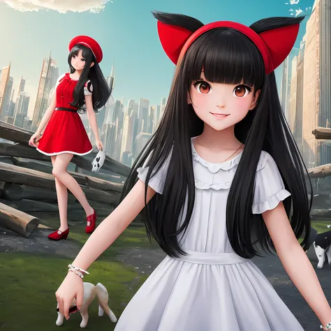 black hair, hair bobbles, wince, longeyelashes, solid circle eyes, fake animal ears, light smile, ear blush, fang, surrealism, d...