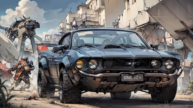 black mustang on high speed in desert, in mad max style
