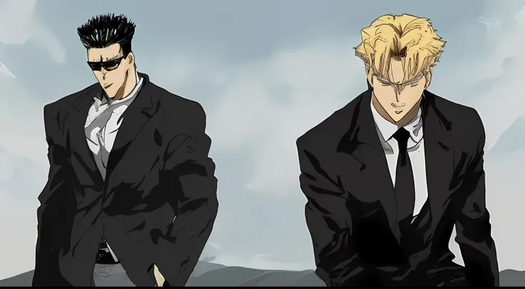 (rudeus, 1 blonde boy with white t-shirt and brown pants, andando, estilo anime :: toguro, 1 muscle man in black suit and black ...