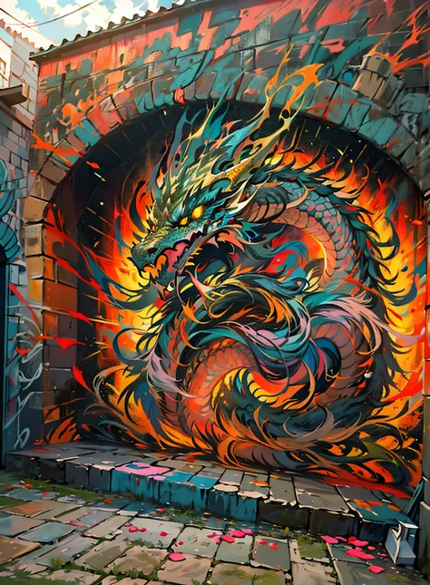 Drop Art , Cinematic scene - filmed in the dark,(extremamente detalhado), oriental dragon high resolution mural painting,((muros de um castelo)), grafite colorido,(( Drop Artdinâmico)) and vivid, cores vibrantes, pinceladas expressivas, vibe de arte de rua...