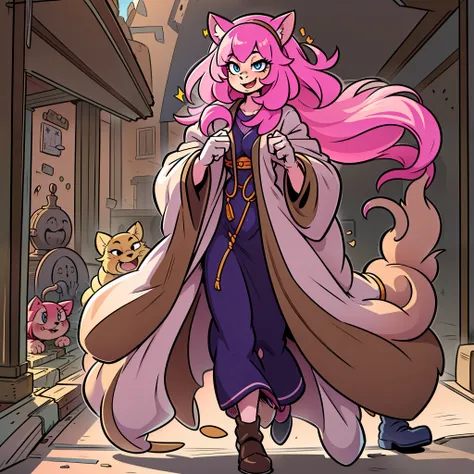 catgirl, furry, toon, cartoon, pink hair, walking,, lion tail, cat ears, animal nose, coat, vest, smile, long dress, long robe, long skirt, priestess, religiouse