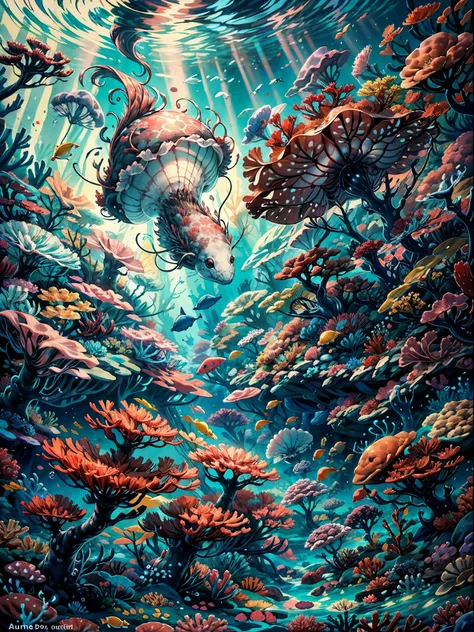 the image captures a surreal and otherworldly underwater scenery that is mesmerizingly beautiful, the foreground of the image is...